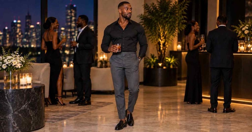 Black Shirt with Grey Trousers