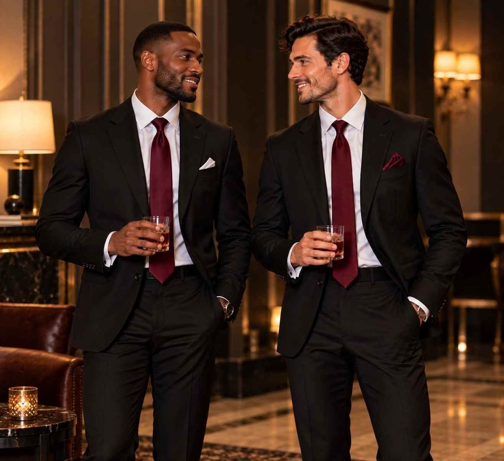 Black Suit + White Shirt + Burgundy Tie