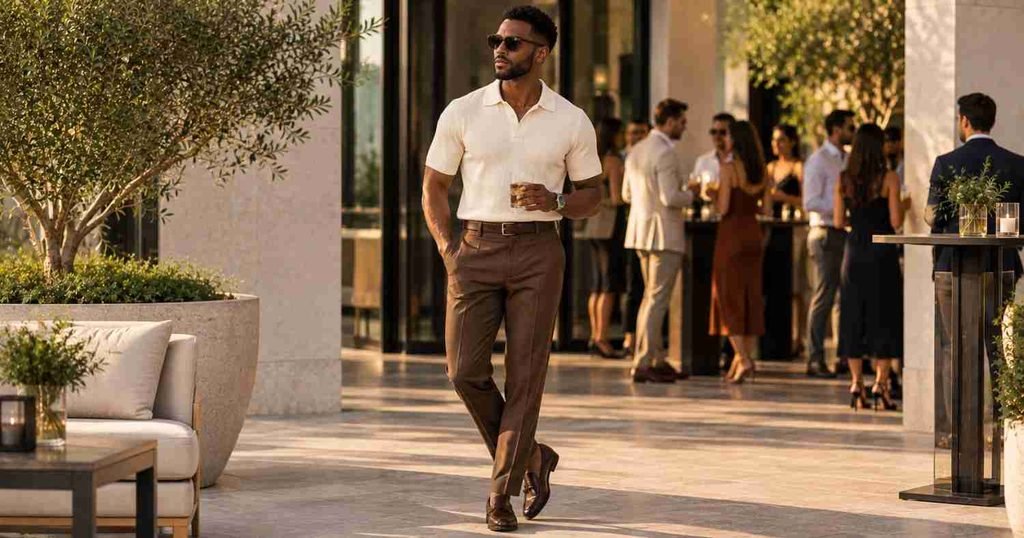 Cream Knit Polo with Brown Trousers