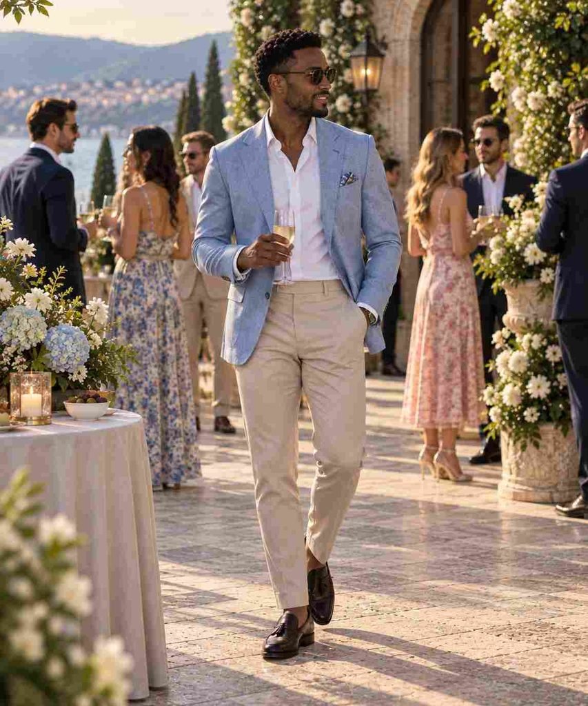 Light Blue Blazer With Neutral Trousers