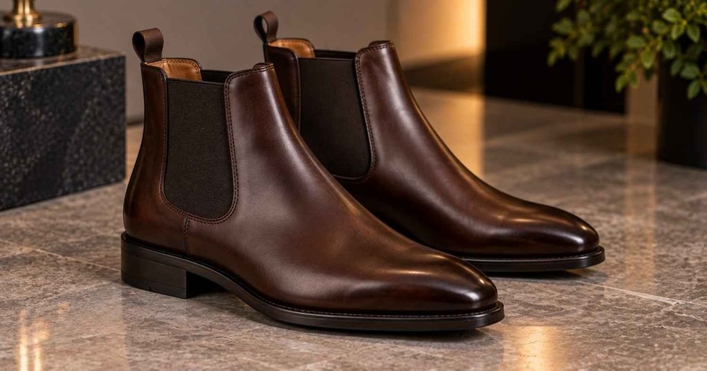 Luxe Brown Chelsea Boots on Marble

