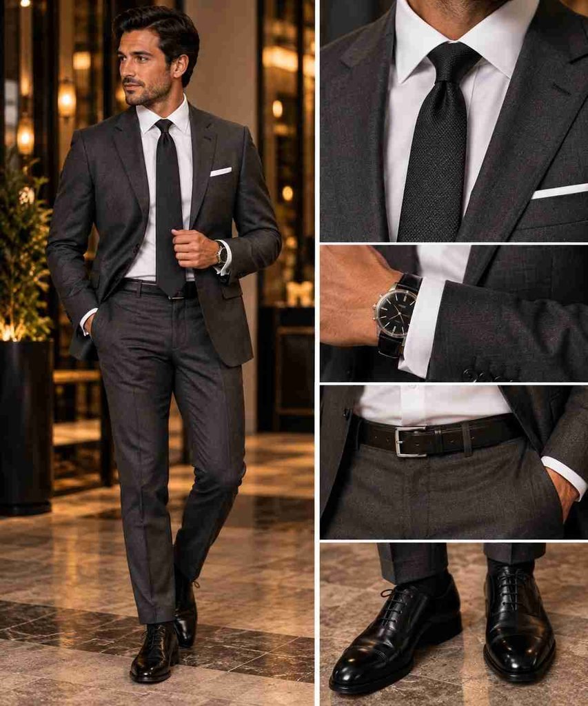 Man wearning cocktail attire charcol color
