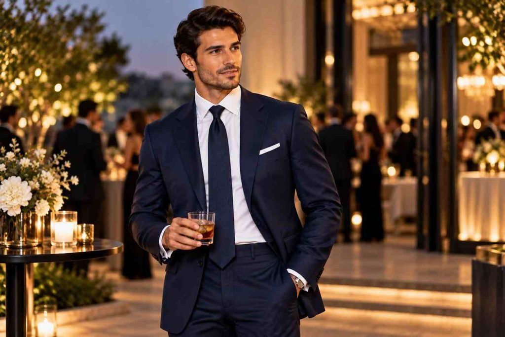 Man wearning cocktail attire navy blue color