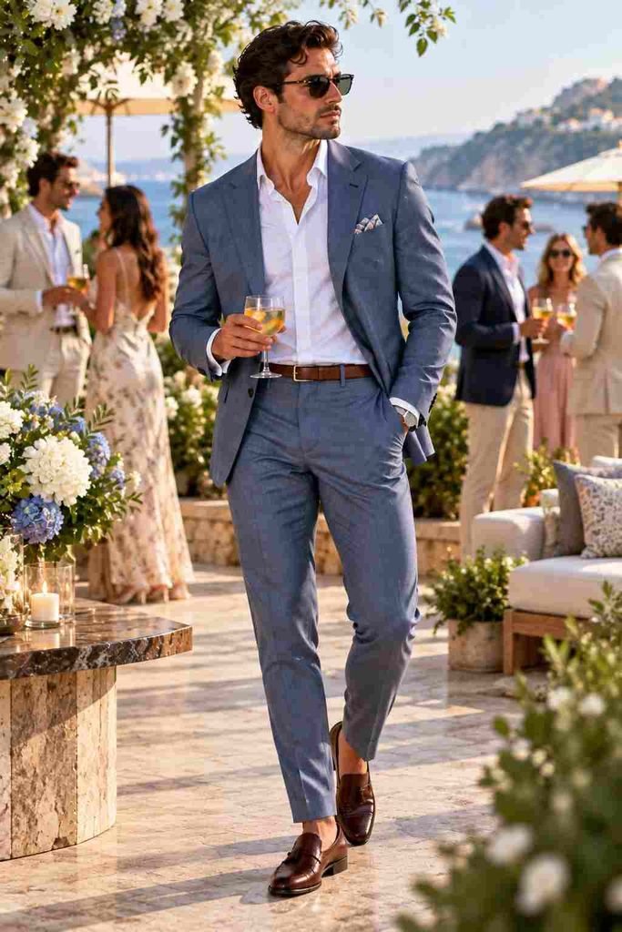 Muted Blue Suit With Brown Shoes