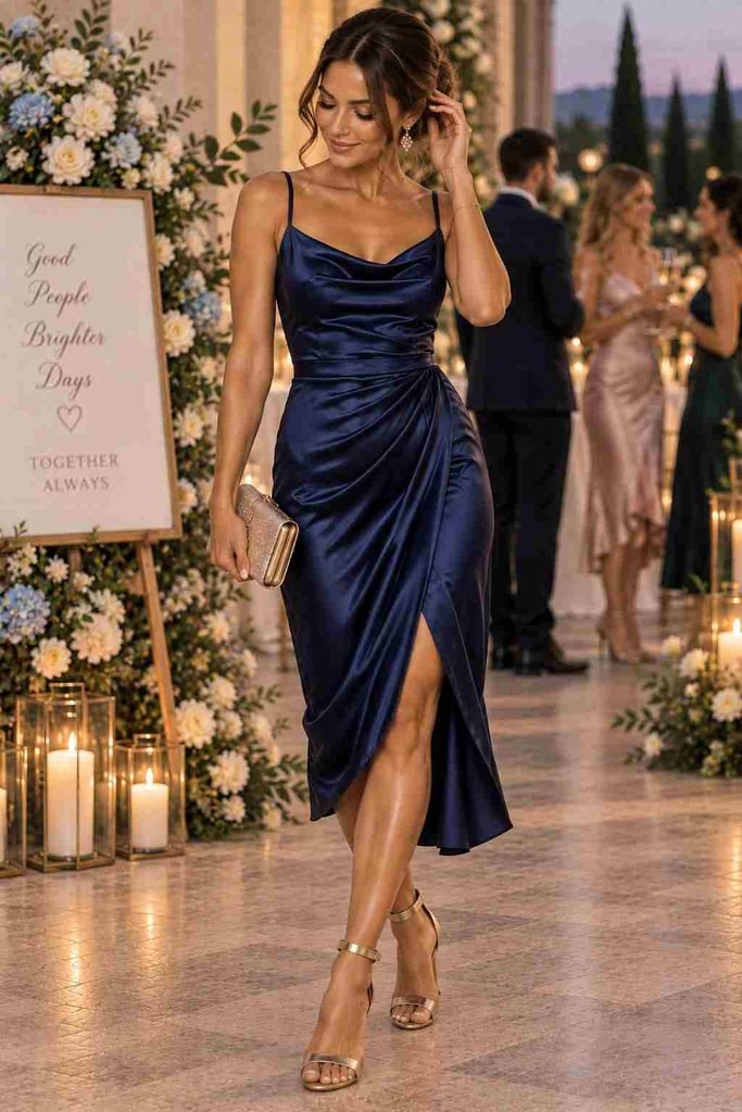 Navy Satin Dress + Metallic Heels