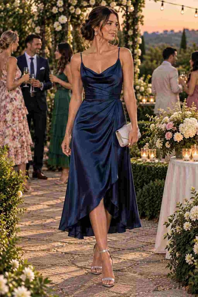 Navy Satin Dress + Silver Sandals