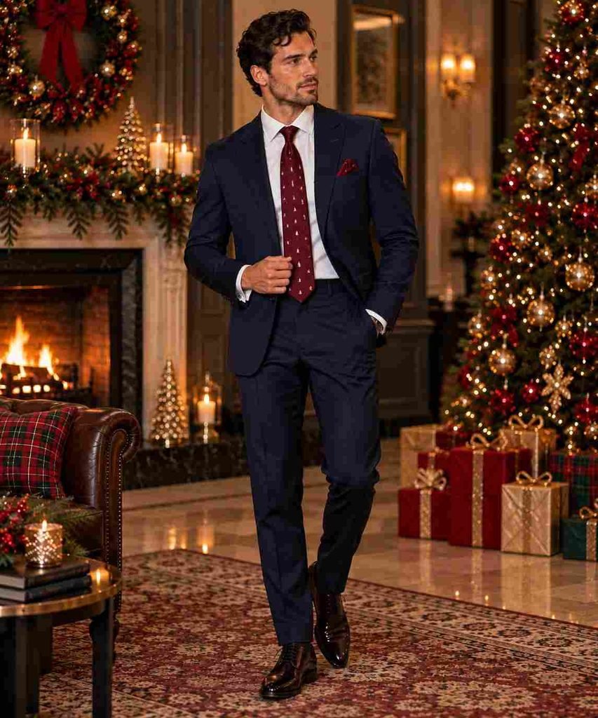Navy Suit + Burgundy Christmas Tie