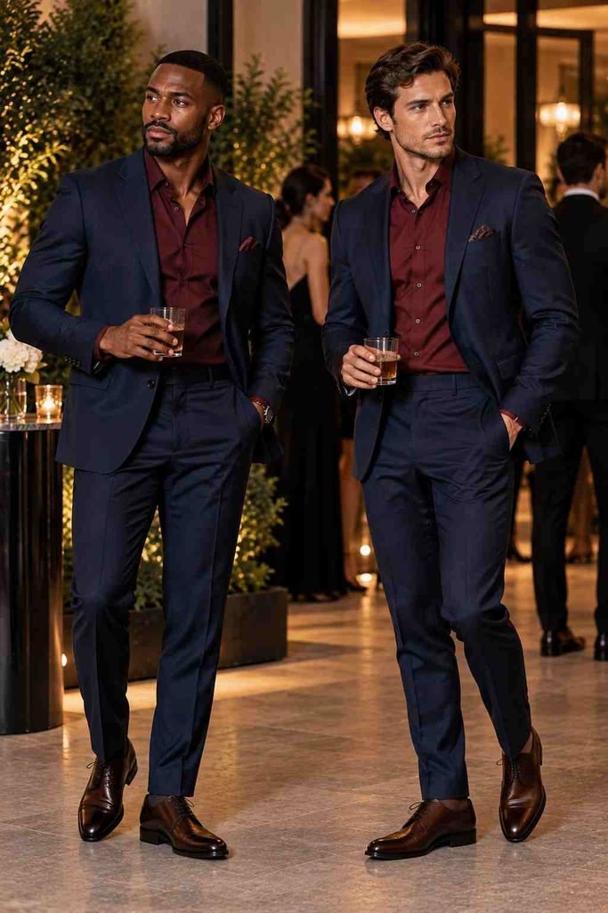 Navy Suit + Burgundy Shirt