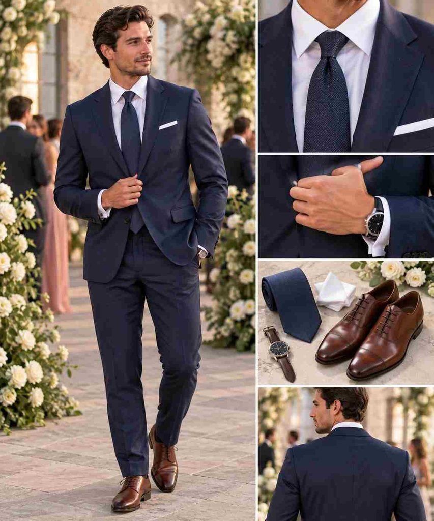 stylish groom wearing navy blue cocktail