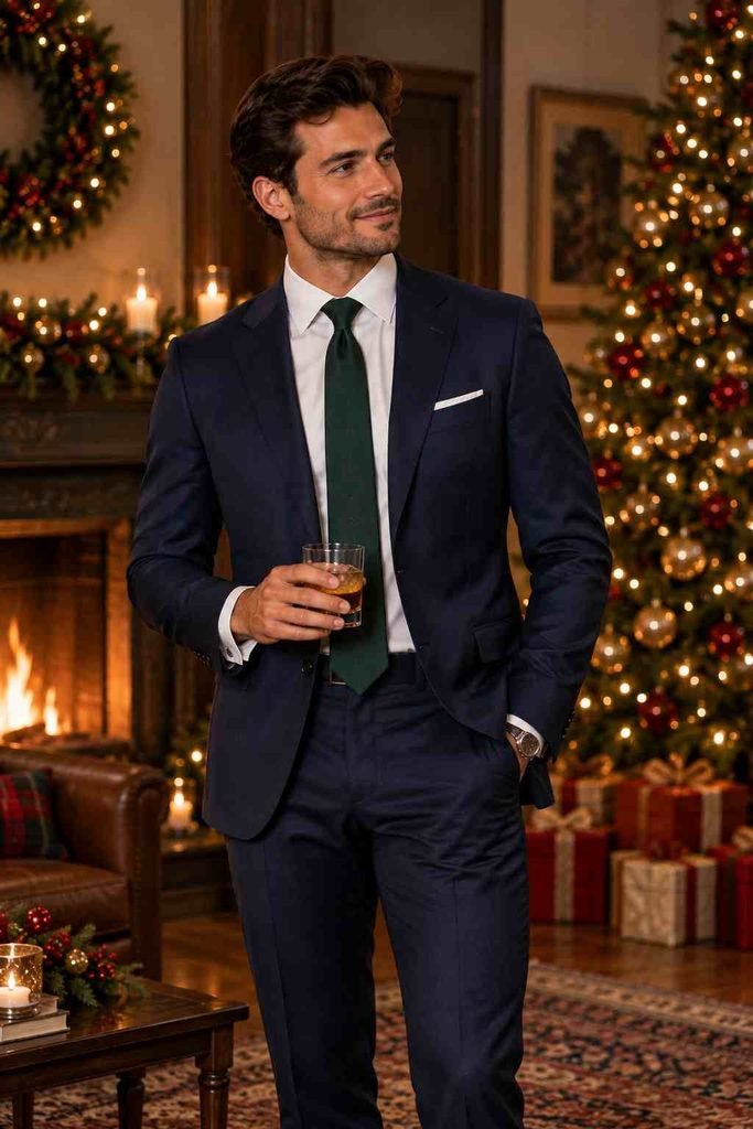 navy suit green tie cocktail attire