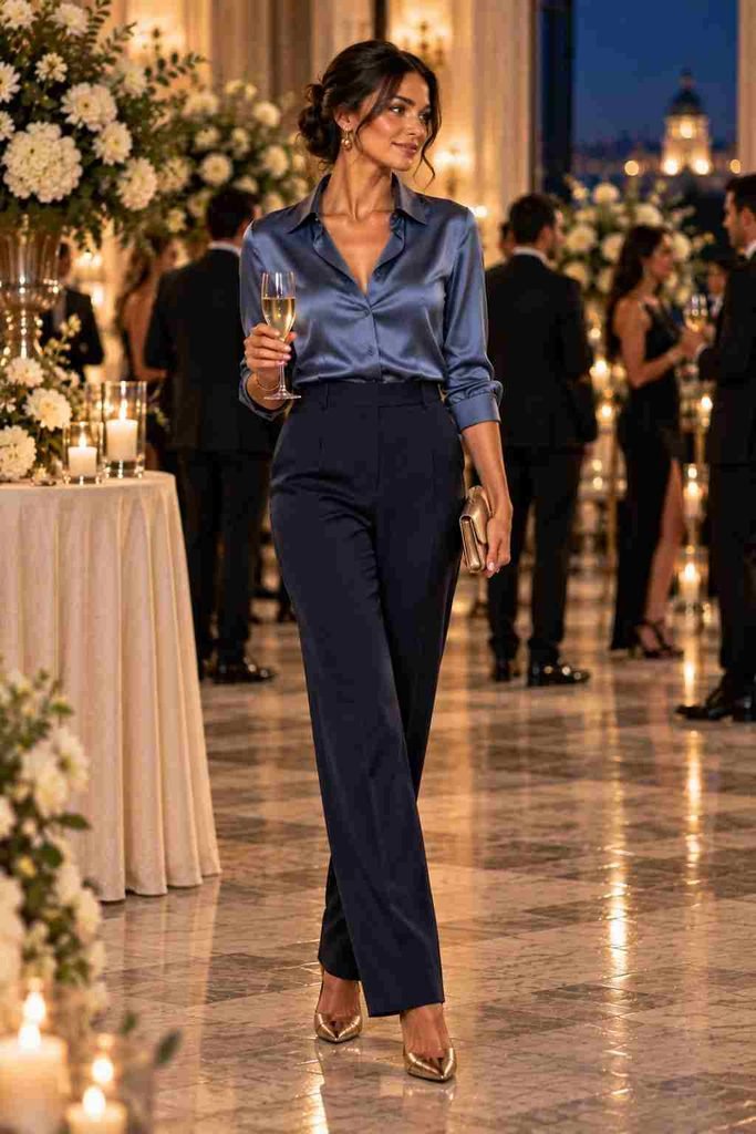 Navy Trousers + Blue Satin Blouse