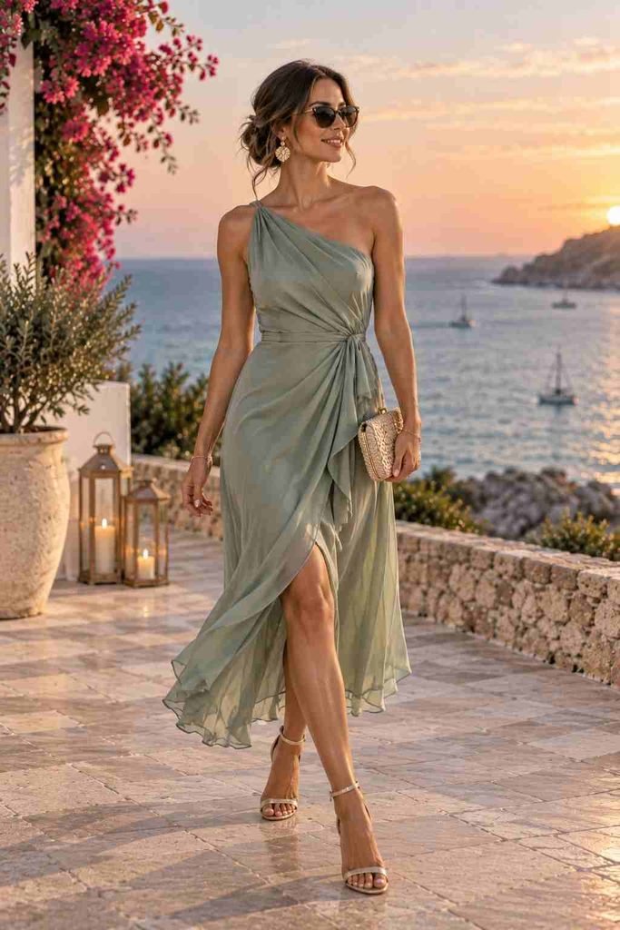 One-Shoulder Dress With Elegant Sandals