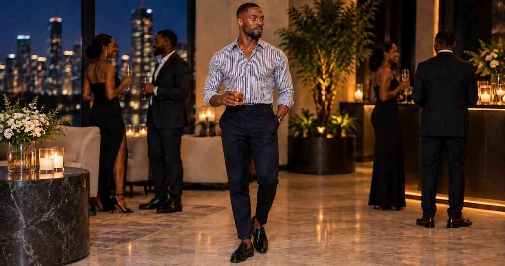 Patterned Shirt with Dark Trousers