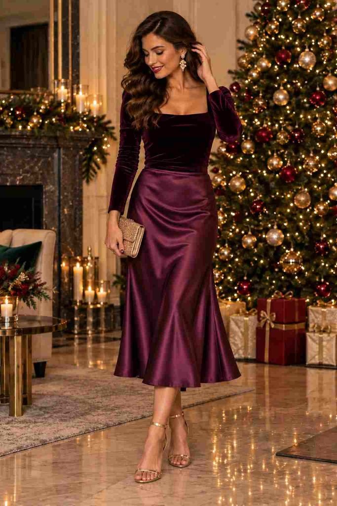 Plum Satin Skirt With a Velvet Top