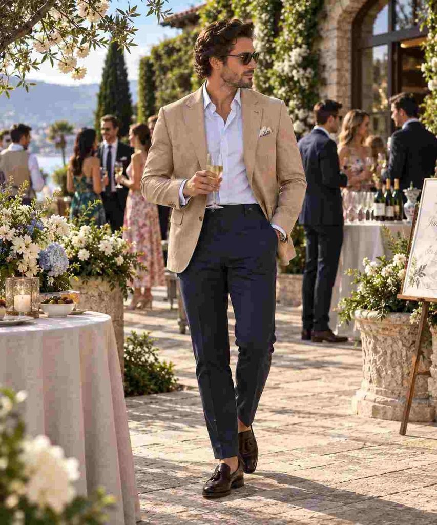 Tan Blazer With Navy Trousers