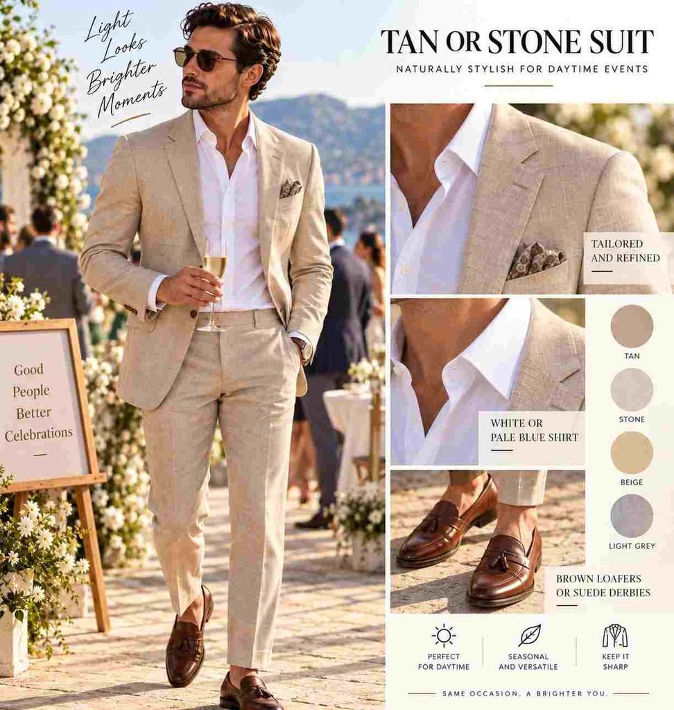 tan suit by seaside in summer