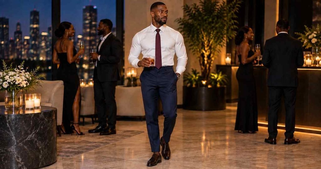 White Shirt with Navy Trousers and a Tie