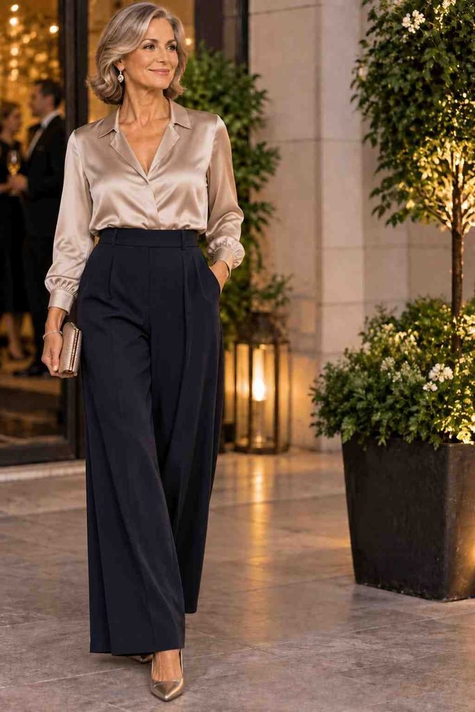 Wide-Leg Trousers With a Satin Blous