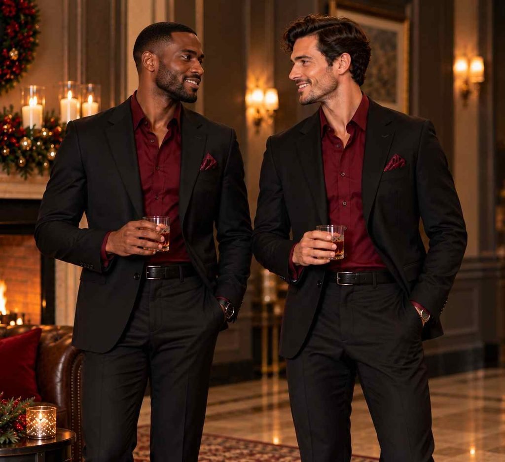 Black Suit + Burgundy Shirt
