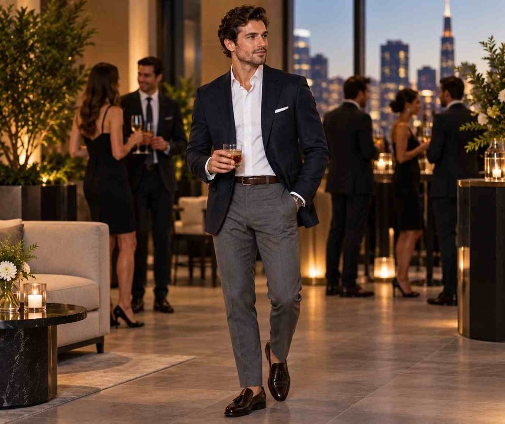 dark blazer cocktail attire
