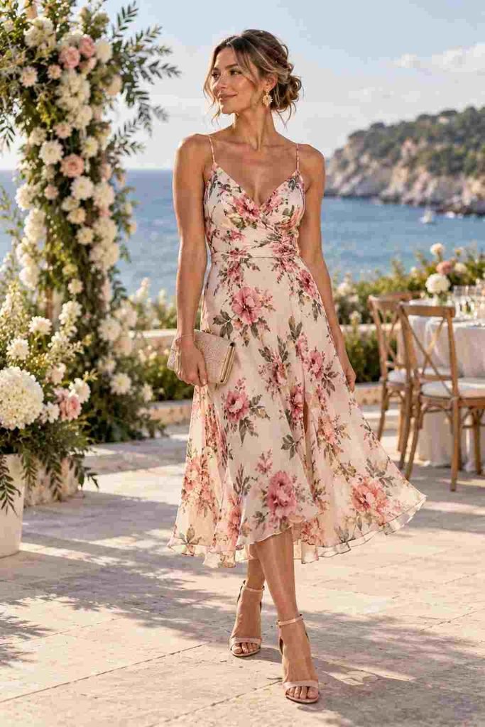 Floral Cocktail Dress With Block Heels