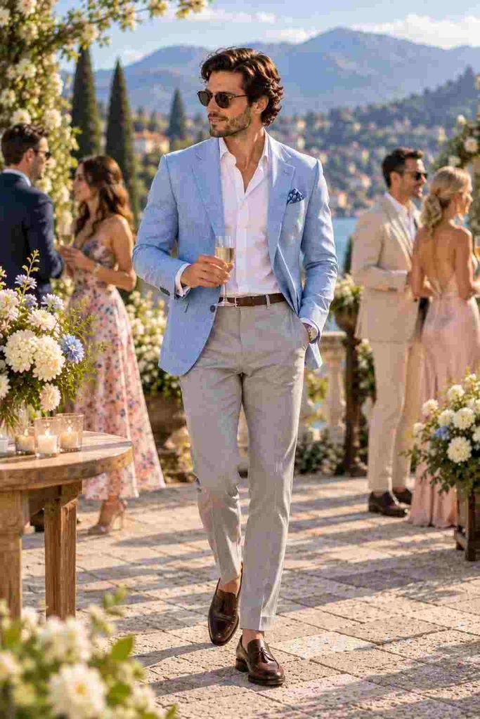 light blue earning cocktail attire men