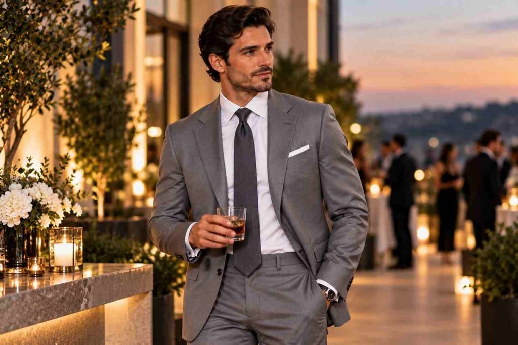 man wearning grey color coctail attire