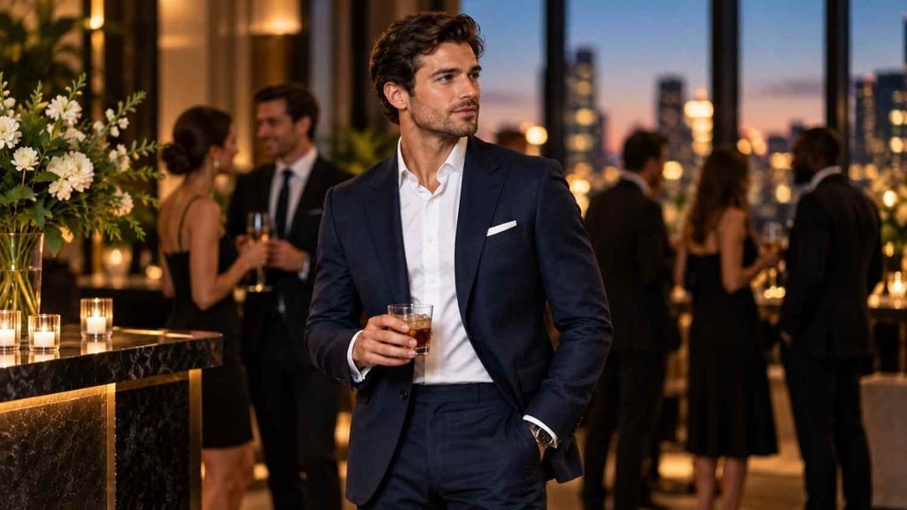 men wearing cocktail attire at party