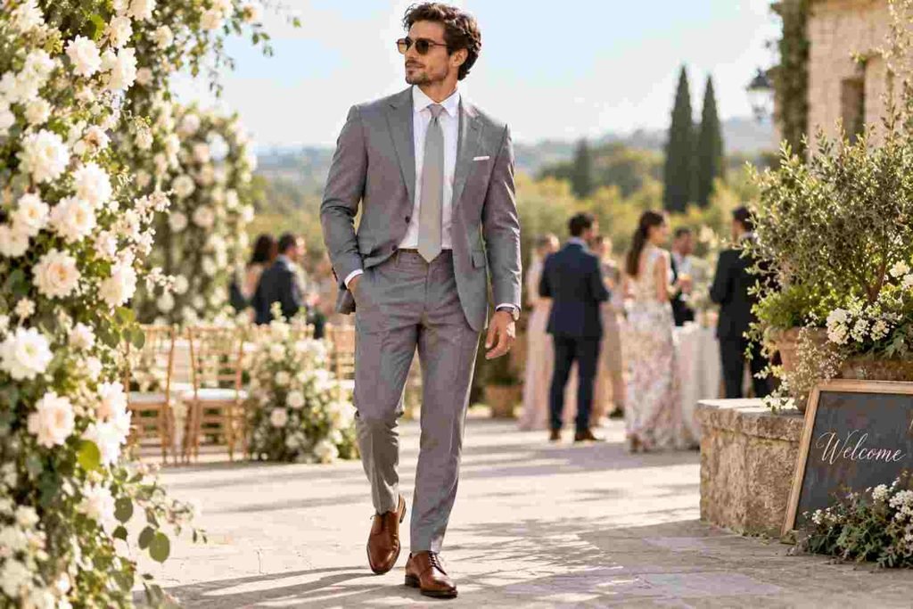 stylish groom wearing grey suit