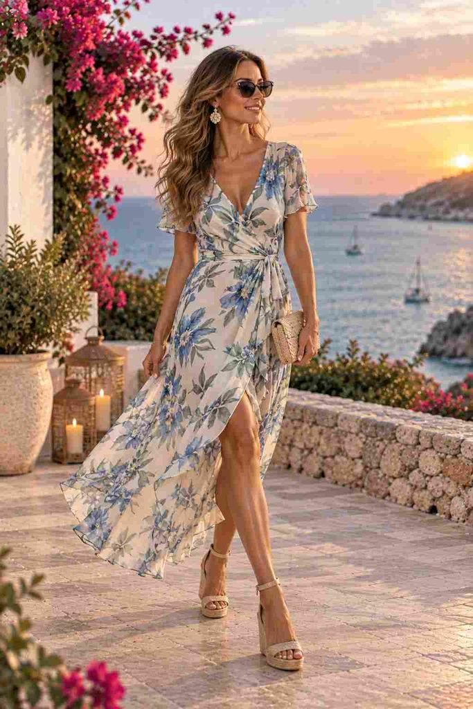 Wrap Dress With Wedge Sandals